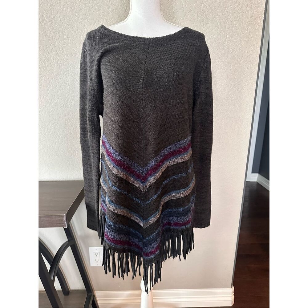 Soft surroundings medium gray purple wool tapered fringe sweater